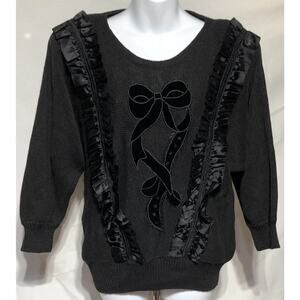Vintage Bonnie & Bill Sweater S Blk Bead Satin Ruffles Ribbons Holiday Christmas